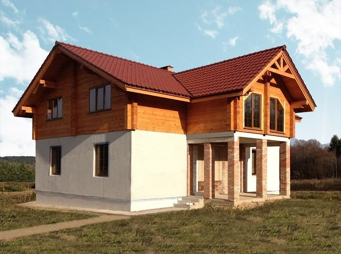 Holzhaus aus Profilholz auf dem Land mit einem Gürtel Stiftung