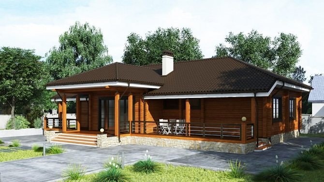 Haus aus Holz (Scheitholz, Furnierschichtholz) Turnkey-Chalet-Stil mit einer Etage Projekt "Dolena"