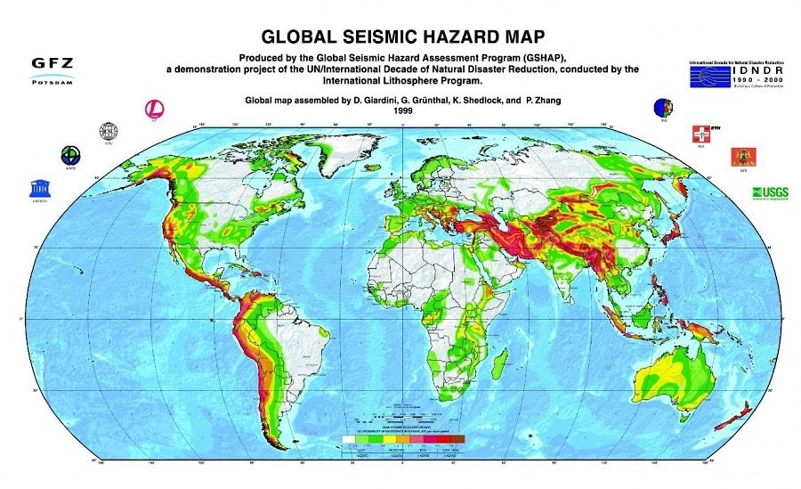 Karte der erdbebengefährdeten  Gebieten der Welt